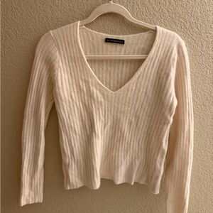 Brandy Melville Cream Ribbed V-Neck Sweater